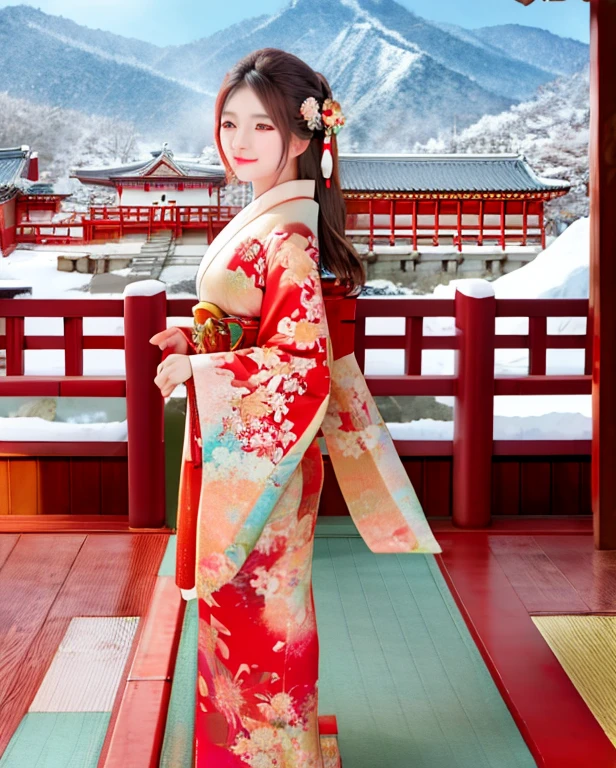 Japanese dress,flying fabric,wind blow,beautiful face,8k,snow fall,temple