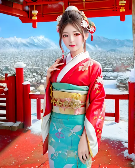 Japanese dress,flying fabric,wind blow,beautiful face,8k,snow fall,temple