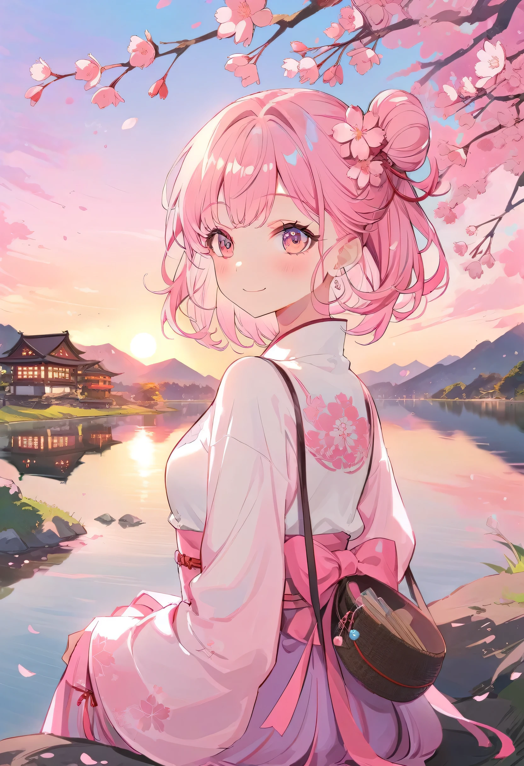 Sakura Rice Library, Upper Body, Smile, blush, sitting, ((Cherry blossoms)), ((Pink sleeves)), Pink, ((pink)), Pink sky, Sunset, lake, reflection