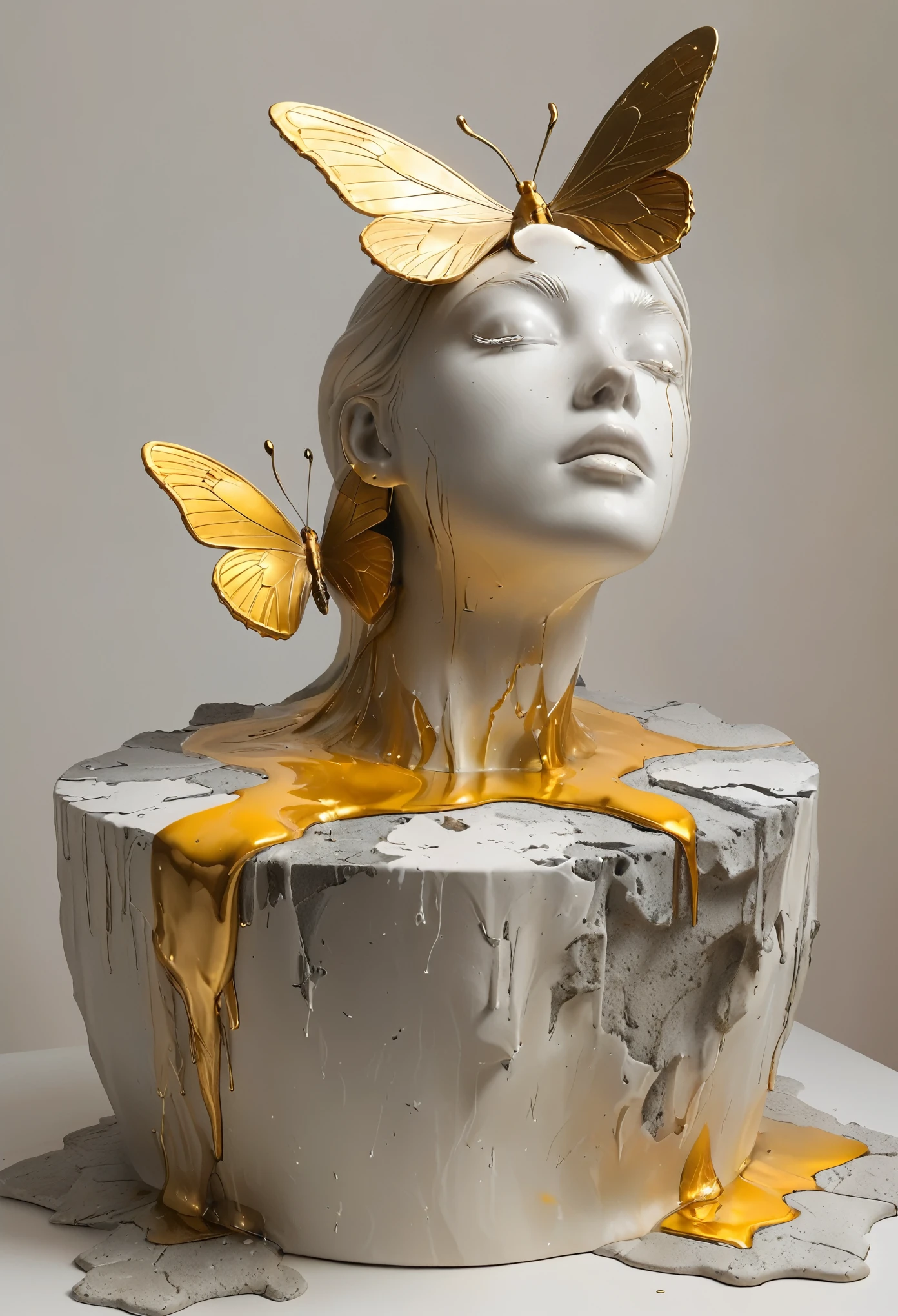 ((display，Still life table，Artistic statues，3D Sculpture，ceramics，Surface cracks，Shattered Texture)), Showing the beauty of nature.gold，Golden powder， To emphasize its artistic quality.
