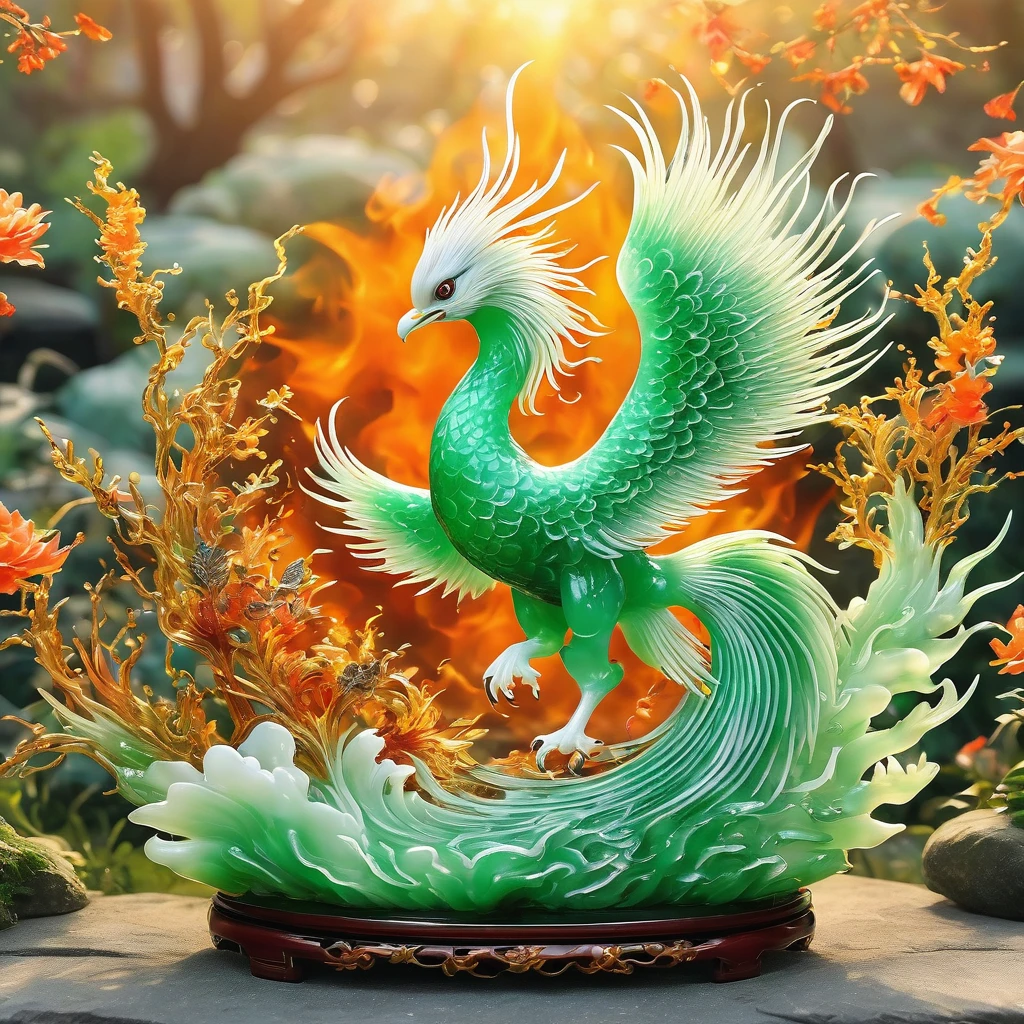 best quality, very good, 16K, ridiculous, Extremely detailed, Gorgeous Fire Phoenix，Made of translucent jadeite, Background grassland（（A masterpiece full of fantasy elements）））， （（best quality））， （（Intricate details））（8k）