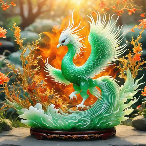 best quality, very good, 16k, ridiculous, extremely detailed, gorgeous fire phoenix，made of translucent jadeite, background gras...