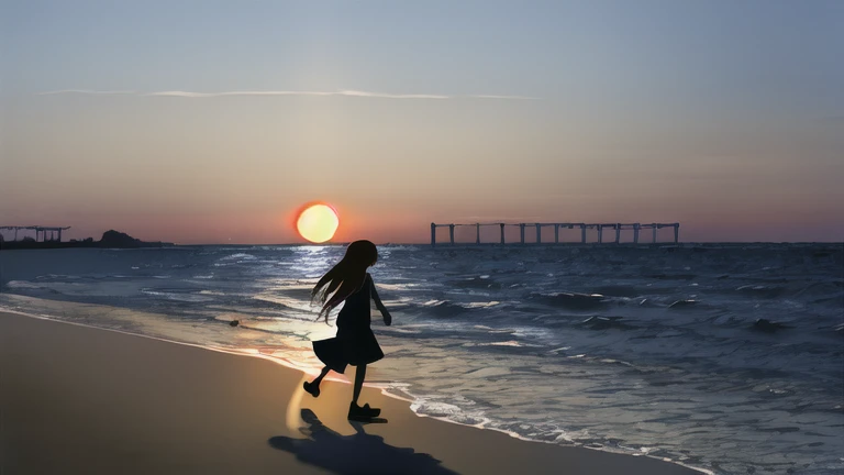 海沿いから夕陽の光が幻想的に反射して散りばめられて、フライングライト,歩く少女のシルエット, ((長い影))