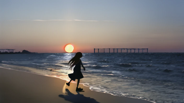 The light of the setting sun reflects fantastically from the seaside and scatters、Flying lights,Silhouette of a girl walking, ((Long Shadows))