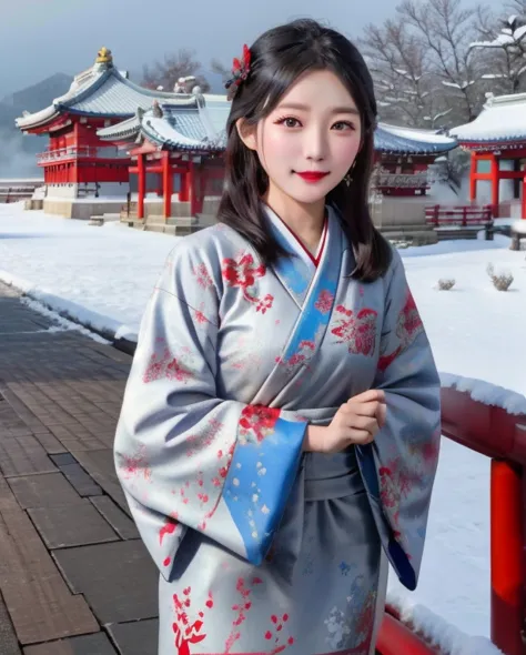 Japanese dress,flying fabric,wind blow,beautiful face,8k,snow fall,temple