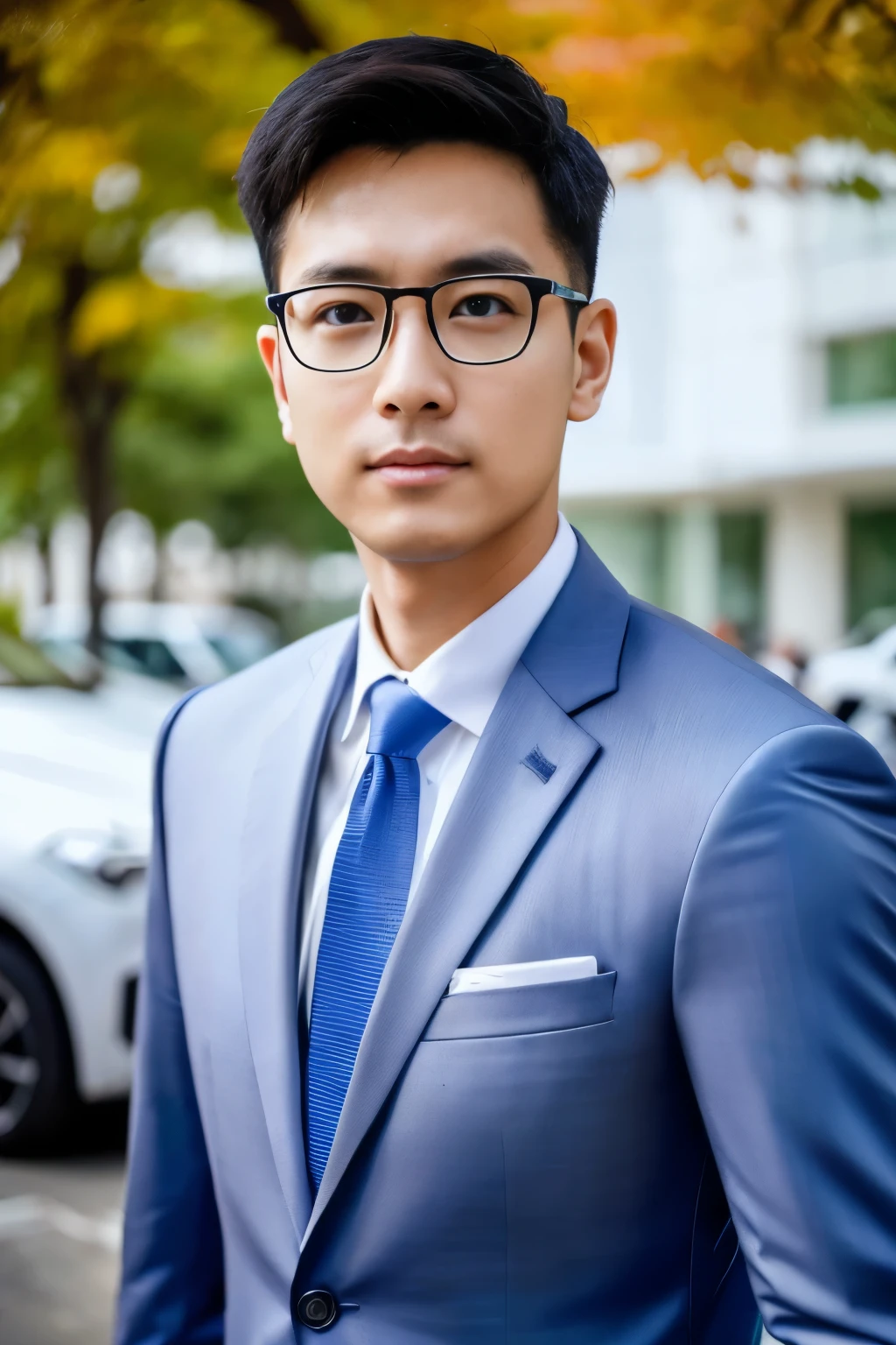 (One wears silver-white titanium alloy thin-rimmed glasses、Wearing a full light blue striped suit、White shirt、Tie、About 25 years old、Japanese men with a height of 180 cm)、best quality、masterpiece、ultra high resolution、(Photo realism:1.4)、original photo、(One wears silver-white titanium alloy thin-rimmed glasses outdoors on the street、Wearing a full light blue striped suit、White shirt、Tie young handsome japanese man、Standing under the red maple tree、Red and big maple leaves、delicate leaves、branch details)、(There is a white BMW car next to the man、Man&#39;s hands on car roof) shadow、octane rendering、8K、Super sharp、realistic light、(There is only one white BMW car on the street、man&#39;s shining eyes、looking in the direction of the camera)、LED、Ultra high quality、High、gentleman、very beautiful hair、bright photos、As handsome as a model、As handsome as an idol,Professional profile photo, Professional portrait photos、Realistic portrait photos, Detailed color portrait, Portrait of an idol, High quality portrait.