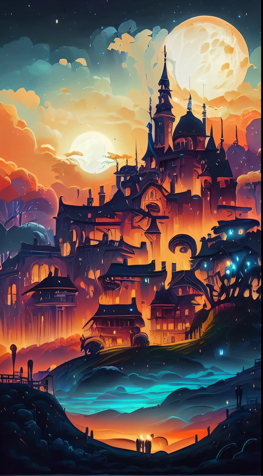 illustration of a city at night with a full moon, 4k detailed digital art, 4k highly detailed digital art, beautiful art uhd 4 k, detailed painting 4 k, 8k high quality detailed art, inspired by Cyril Rolando, holy city | illustration, 4 k hd illustrative wallpaper, stunning art style, stunning digital illustration, a beautiful artwork illustration