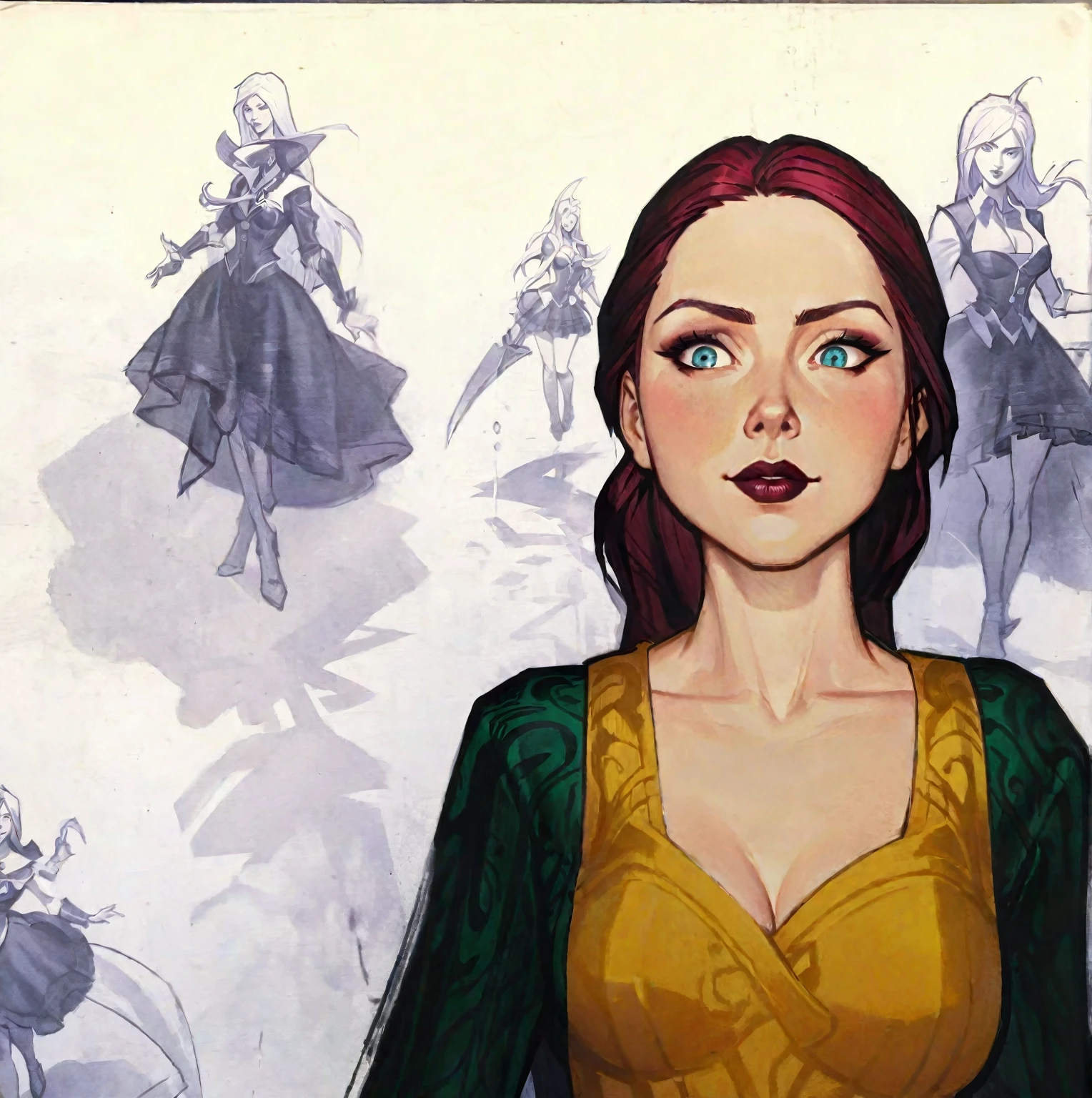 better aesthetics, lolsplashart, katarina, looking at the viewer, wearing a white dress, Flat painted style, Illustration by Genrih Valk