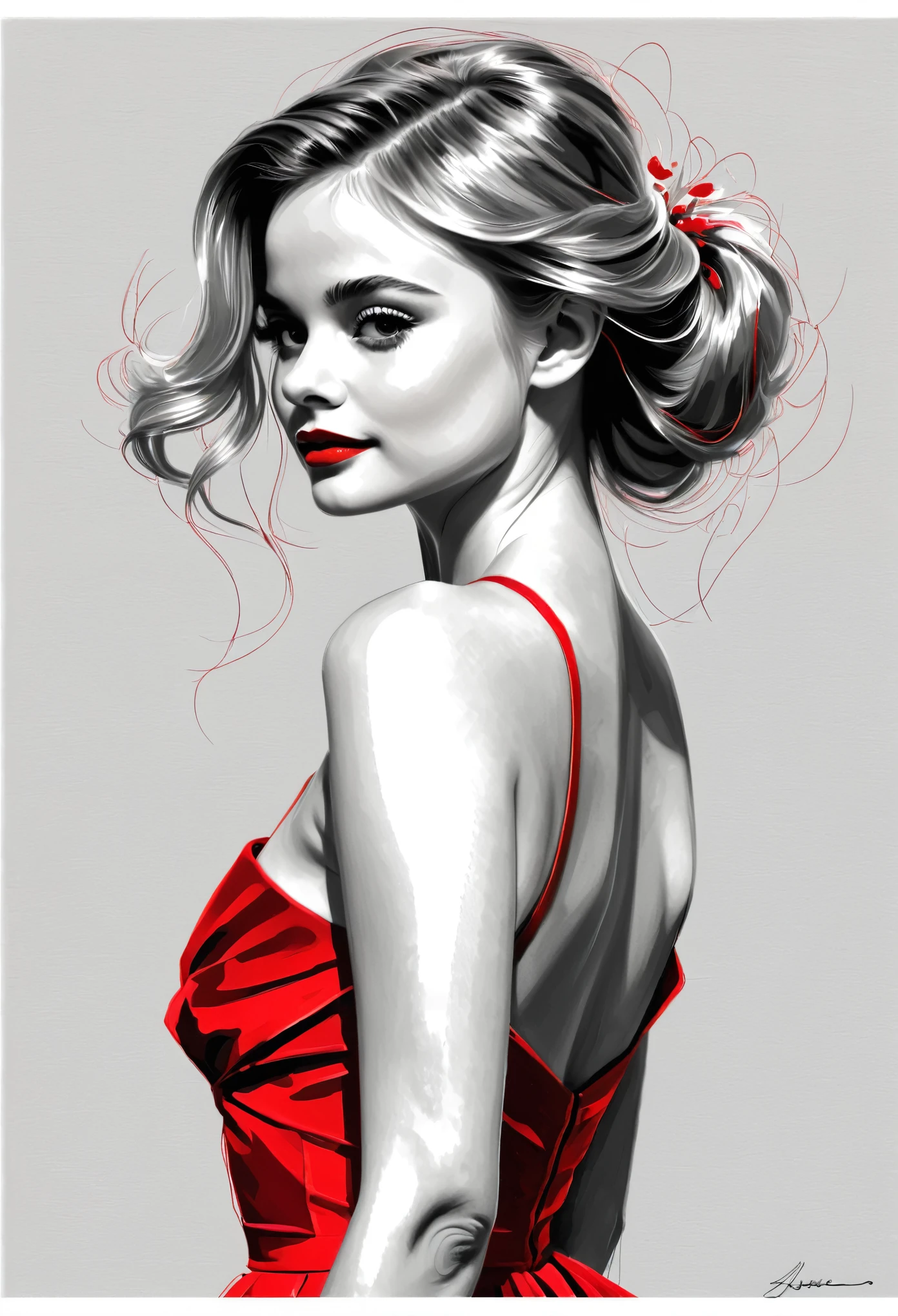 Pencil Sketch Drawing, line art drawing , a elegant beautiful young woman, combination of Erin Moriarty:0.9, joey king:0.7, Rachael Taylor:1.2, wearing tango dress,  (her silhouette outlined with glowing red). (style of Vladimir Volegov:1.1). (her silhouette contoured with glowing red). red white on grey color palette.
  professional, sleek, modern, minimalist, graphic, line art, vector graphics, black and white drawing, graphite drawing