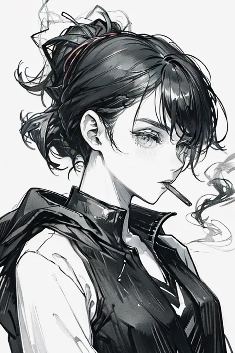 1lady,solo,cool,she put a cigarette in her mouth, she smoke a cigarette,smoke,cigarette,jet black background,silhouette,dark,dar...