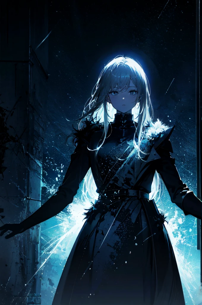 (best art,:1.3),
silver theme,black theme,white theme,blue theme,long hair ultra high res, masterpiece, best quality, night, (dark environment)