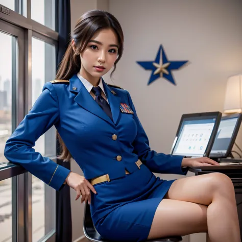 Pretty lady, formal airforce uniform, pencil skirt