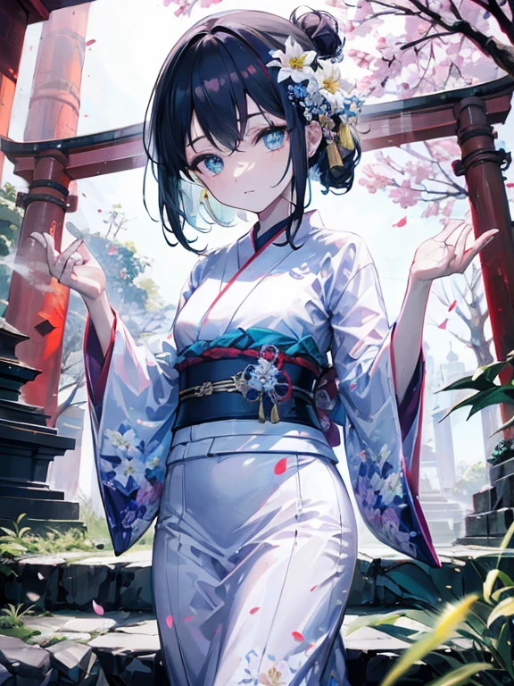 Femme me regardant en kimono blanc avec motif floral, me regardant avec des yeux langoureux, 5 doigts, cheveux longs avec décoration florale, tenant une flûte japonaise, le fond est une nuit fantastique, grande lune détaillée flottant, angle global depuis le bas,