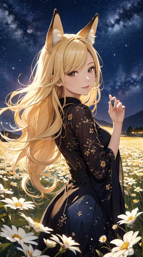 masterpiece, high quality, 4k, beautiful design, silhouette，blonde， 非常に詳細な夜のstarry sky,flower field， wonderful, finer details,  ...