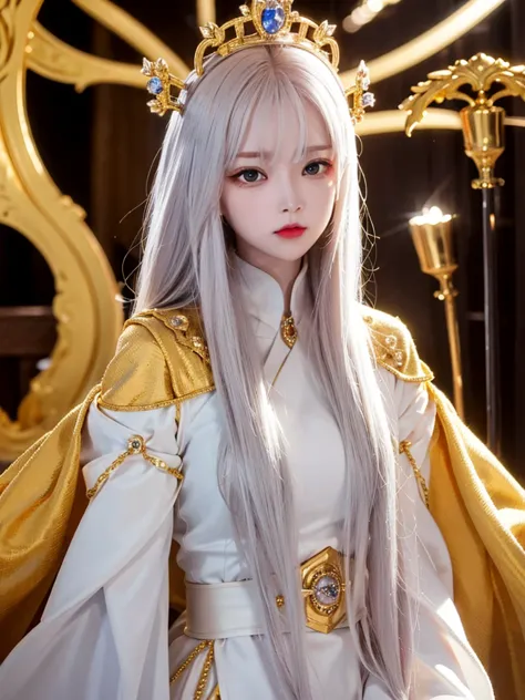 1woman, gold suit, as supreme queen, crown, angry, red eyes, white hair colour, long hair,