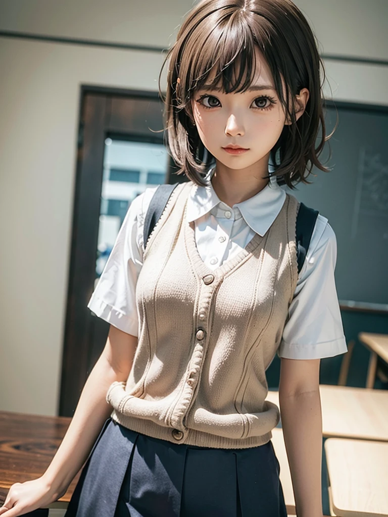 Masterpiece, Top Quality, Top Mikoto, brown eyes, short hair, small breasts, looking at viewer, alone, closed mouth, collared shirt, beige knit vest, dark blue  Skirt, school_uniform, shirt, white_shirt, classroom,Masterpiece, highest quality, 8K, detailed skin texture, fine cloth texture, beautiful detailed face, intricate details, super detailed,cute,cute posing,composition that shows the whole body,