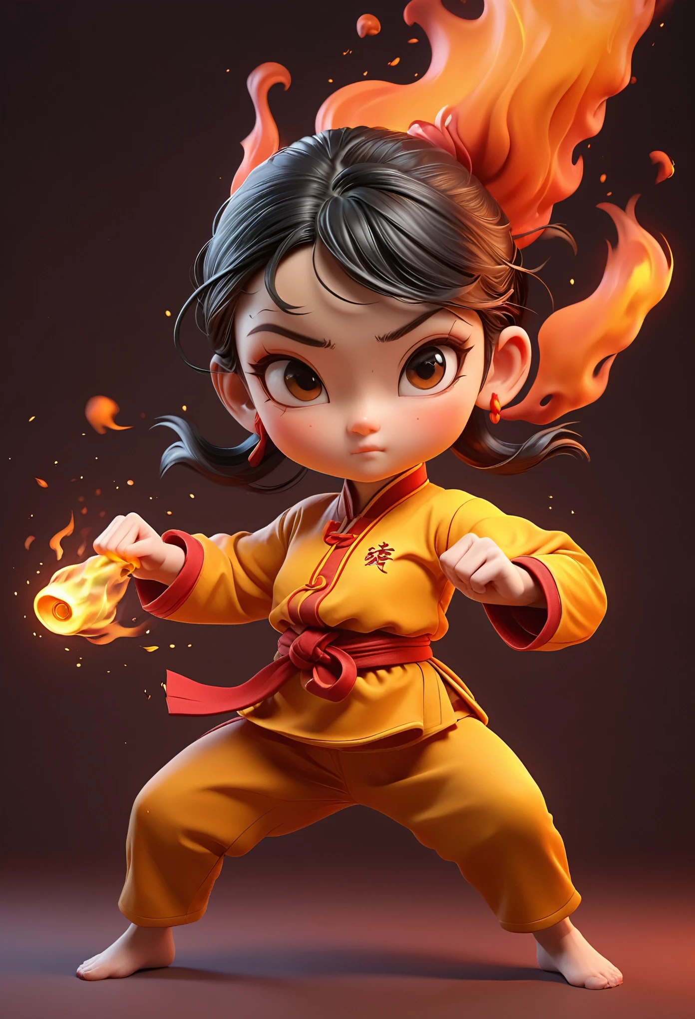 3D，Kung Fu Girl，Flames coming out of the body，Cartoon Style