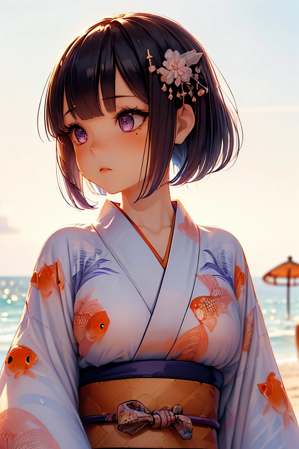 (ultra-detailed face, looking away:1.3), (She is walking on the beach wearing a Japanese yukata with a goldfish pattern.:1.3), (Fantasy Illustration with Gothic & Ukiyo-e & Comic Art.), (A middle-aged dark elf woman with white hair, blunt bangs, bob cut, and dark purple skin.), (Her eyes are lavender in color.)