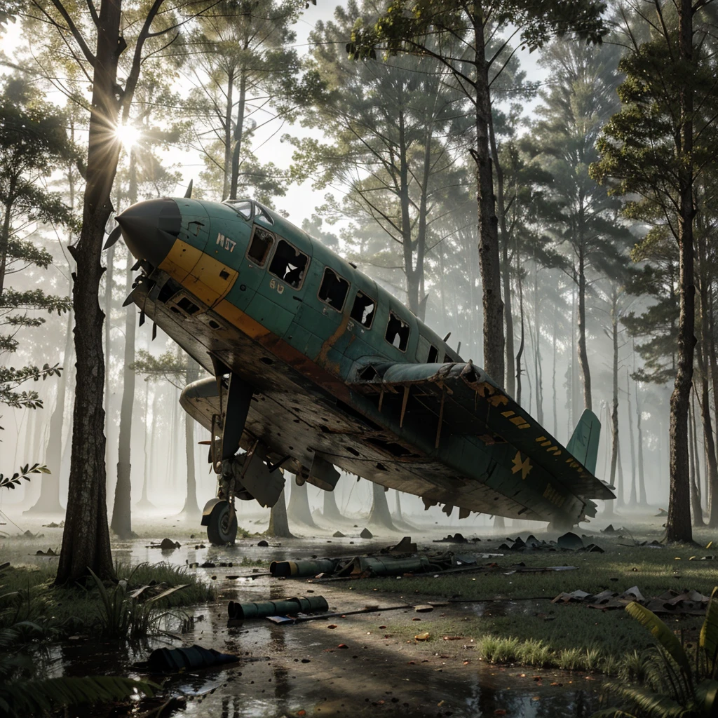 épave d'un avion dans un marais ombragé par de grands arbres, lumière du soleil passant à travers une fine brume, débris de l'avion partout, Meilleure qualité, Ultra réaliste, des détails précis