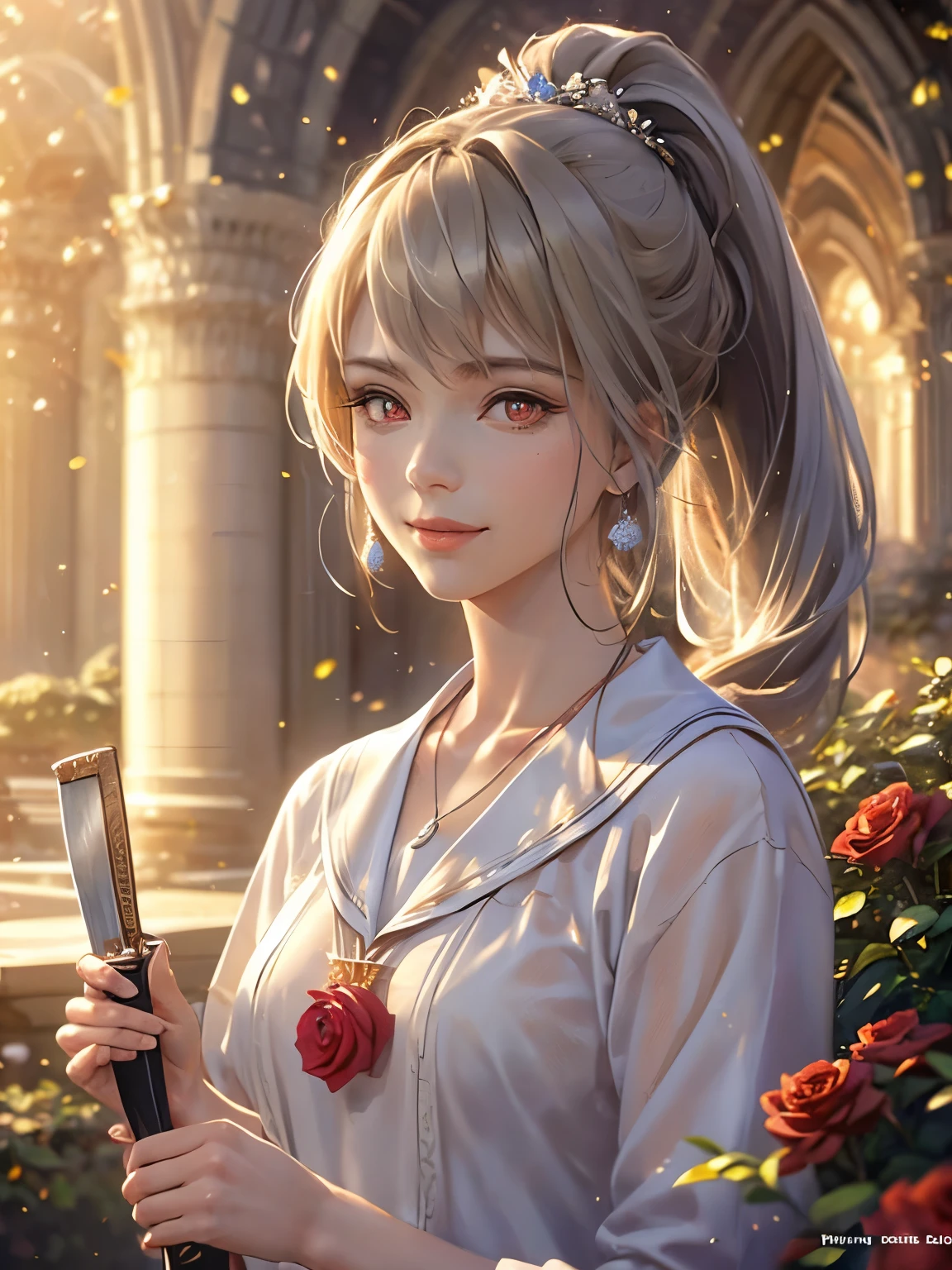 In the background is a garden filled with red roses, Silver Hair, Front Ponytail, Eye Reflexes, Red contact lenses, Pink Eyes,Heterochromia， Put on earrings, blue crystal pendant，Wicked Smile, hair band，Attention to detail, Romanticism, Depth of written boundary, Shine, Ray Tracing, Viewfinder, Zoom Layer, close, Bokeh, Anatomically correct, Attention to details, 1080p, Ultra Hi-Vision
woman，High Ponytail，Sailor suit, More on water patterns on clothes，The expression is solemn，Holding a knife，Detailed depiction of shiny blades，reflected light，
ゴージャスで繊細にShine小さな蝶の髪飾り，Vibrant colors，Detailed engraving，Shine brightly，Attention to detail，The jewelry is of high quality，Very high quality