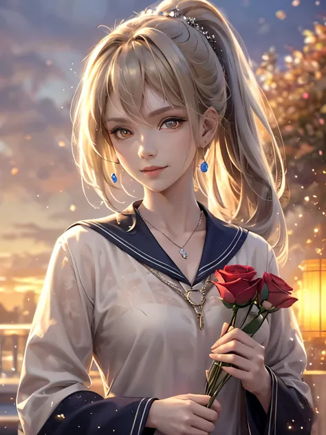 In the background is a garden filled with red roses, Silver Hair, Front Ponytail, Eye Reflexes, Red contact lenses, Pink Eyes,He...