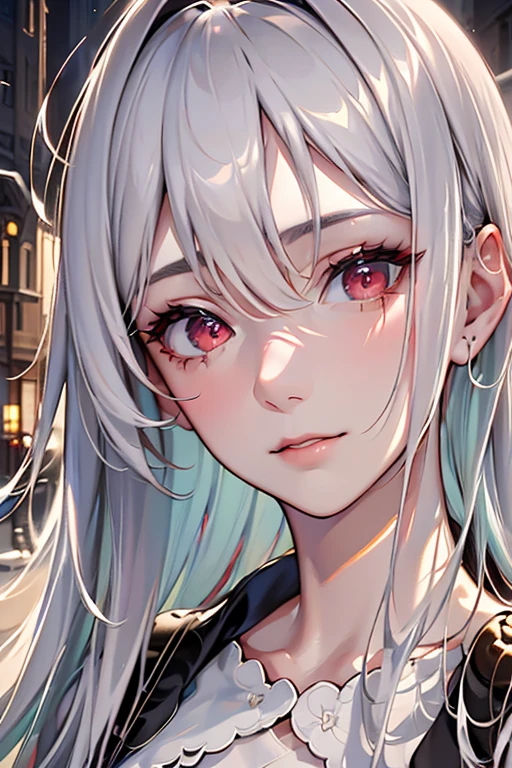 masterpiece, Best quality, Extremely detailed, cinematic lightning, complex part, a high resolution, official art, finely detailed beautiful face and eyes, high resolution illustration, 8K, depth of field, hips, One, 1 girl, Girl with white hair and red eyes, long white hair, beautiful red eyes, beautiful landscape, rainy city, upper body, I look at the viewer, Close-up