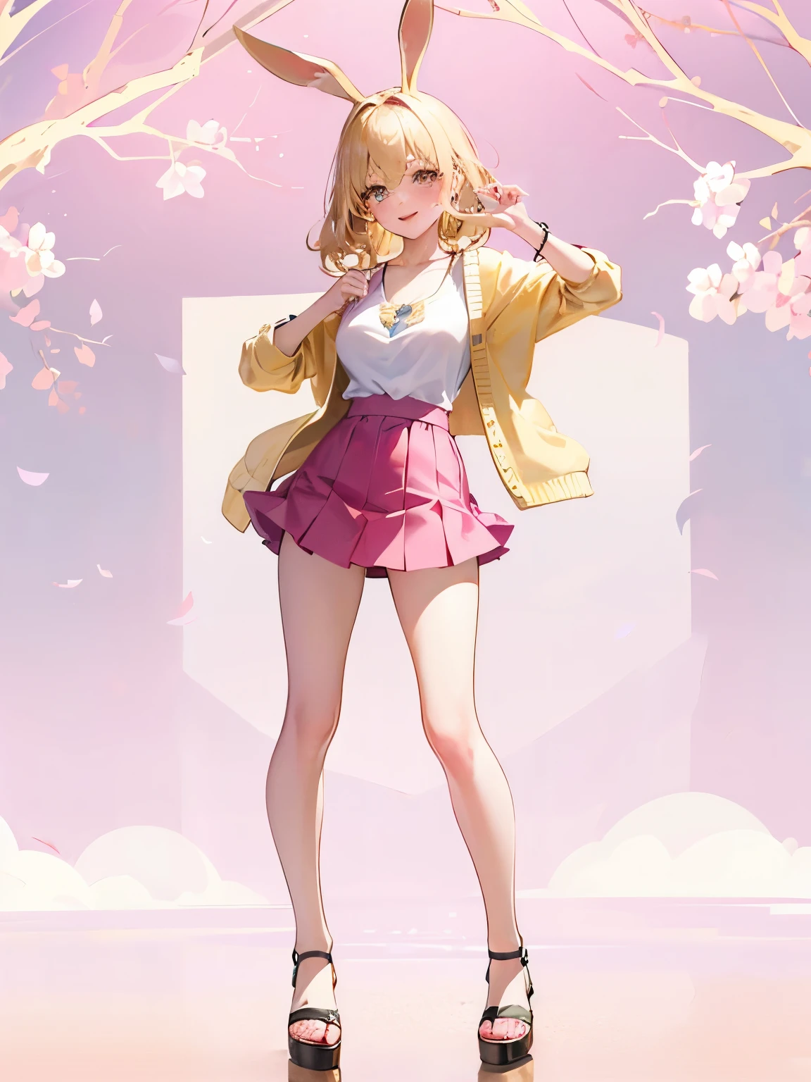 Dynamic posing, Arrange pose,Top quality work，，((short wavy Creamy Golden Blonde hair)),(Creamy Blonde hair),(short hair),(wavy hair),(golden eyes), lovely red lips, Rose cheeks, Pretty Face, A perfectly proportioned face, (casual clothes), wearing pink top and mini skirt，cardigan with bunny ears, full-body view， amazing, Large round chest、Beautiful eye details、Beautiful eyelashes、beautiful double eyelid, with blush cheeks, smilling