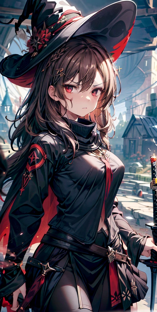 masterpiece,1girl, sparrow, a brown haired girl, wearing a witch clothes, wavy medium hair, messy hair, black skirt, slim body, she have a sword, medium breasts, she close her left eye, shirt ornament, lolippai, angry face, beautiful breasts, rounded breasts, crimson eyes, break halo, wizard hat, crimson eyes