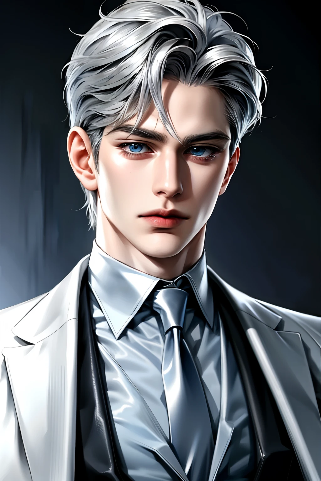 Fat, silver hair, blue eyes, serious sharp features, white skin, handsome, shirt, formal jacket