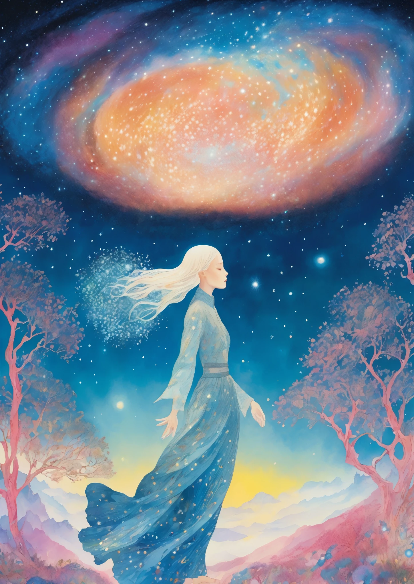 eine Frau, wunderschöne Nahaufnahme, surreal, Nacht, Milchstraße, verträumt, Folklore,   Magie, Orientalismus, Romantik
(Eine Illustration：Kay Nielsen、Ryan McGinley、Pipilotti Rist)