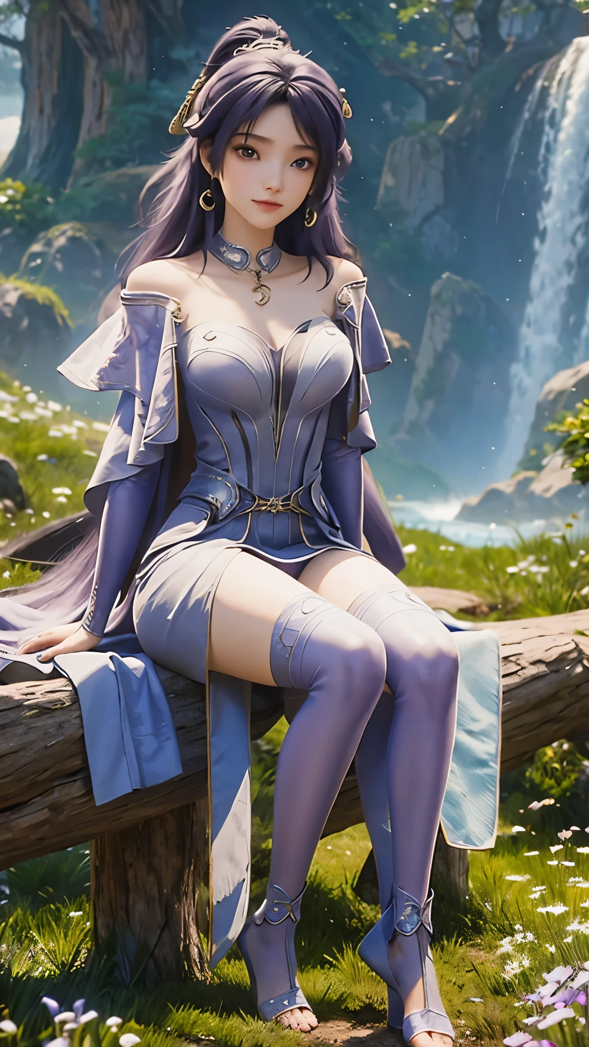 Ultra HD, 8K picture quality, A girl, Happy, Very long blue-purple hair, Blurry Purple Dress, Delicate eyes, Sitting, （（whole body）），barefoot，whole body盘腿，Unreal Engine 5,Background cosmic galaxy，background illusory，Thigh black，Black silk legs，Tulle draped over shoulders，Does not expose the sulcus，Black stockings，（（Long black stockings））