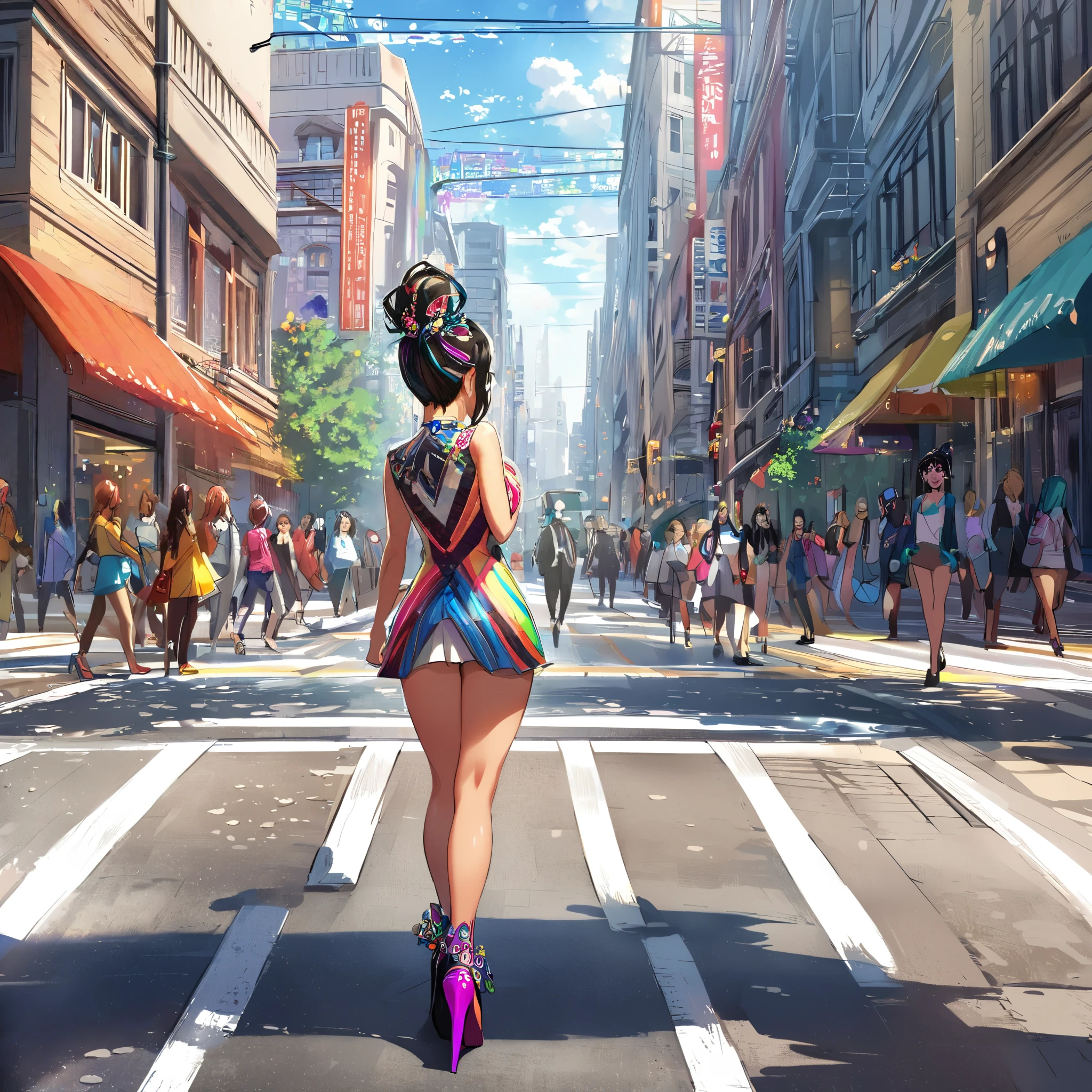 (a girl),cute woman,walking down the sidewalk,short mini skirt,mid day,lots of traffic,(viewed from behind),(head to toe),full body shot,happy expression,beautiful detailed eyes,beautiful detailed lips,(long eyelashes),(colorful makeup),ponytail hairstyle,(fancy accessories),(fit and attractive body),(confident posture),(high-heeled shoes),busy city street,pedestrians,cars passing by,urban environment,sunny weather,vibrant atmosphere,(fast-paced city life),(lively energy),(bright and vivid colors),(lively and energetic mood),sunny day lighting,ambient light,hustle and bustle life,nice weather for a walk