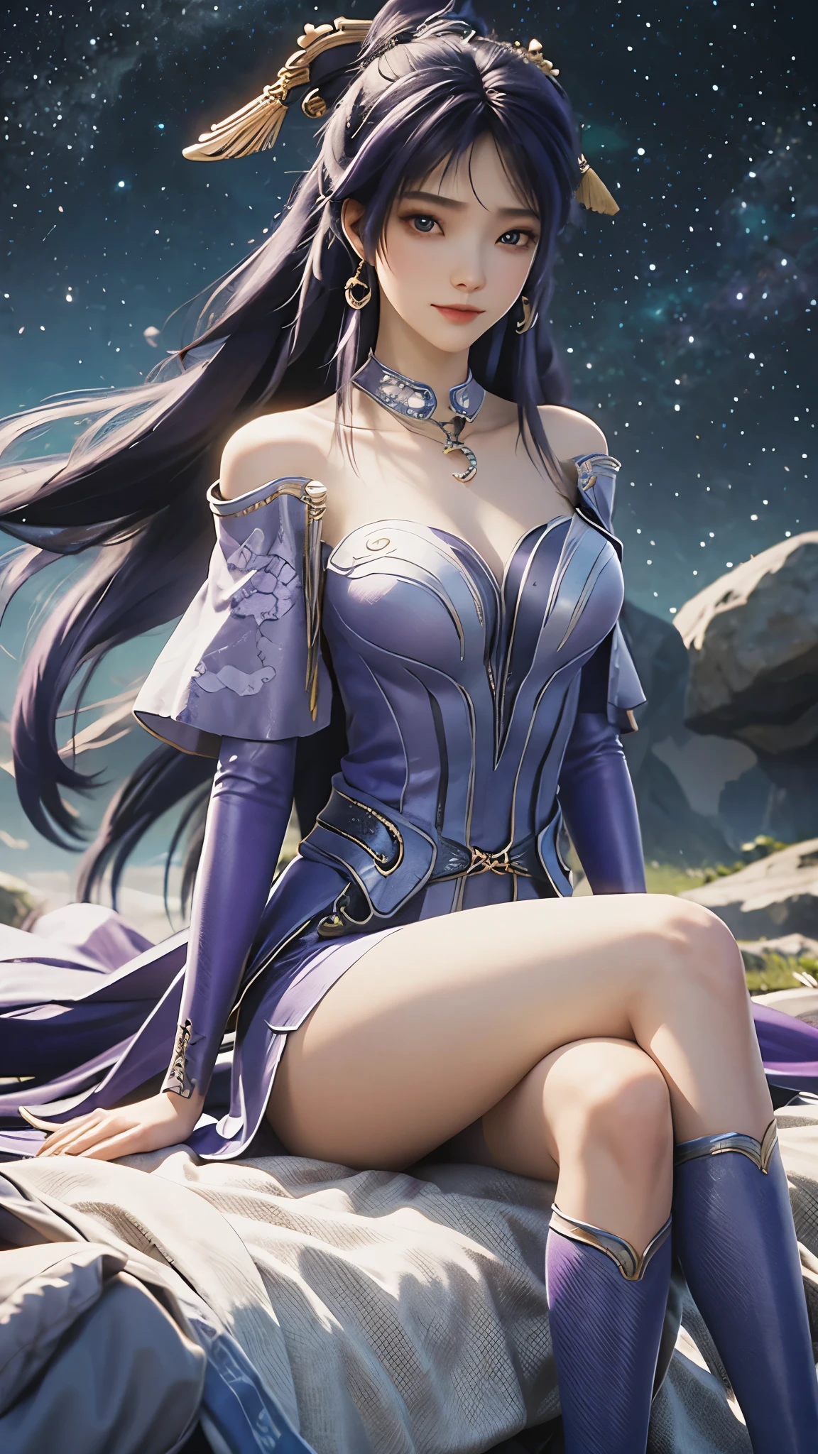 Ultra HD, 8K picture quality, A girl, Happy, Very long blue-purple hair, Blurry Purple Dress, Delicate eyes, Sitting,Sitting on the bed， （（whole body）），barefoot，whole body盘腿，Unreal Engine 5,Background cosmic galaxy，background illusory，Thigh black，Black silk legs，Tulle draped over shoulders，Does not expose the sulcus，Black stockings，（（Long black stockings））