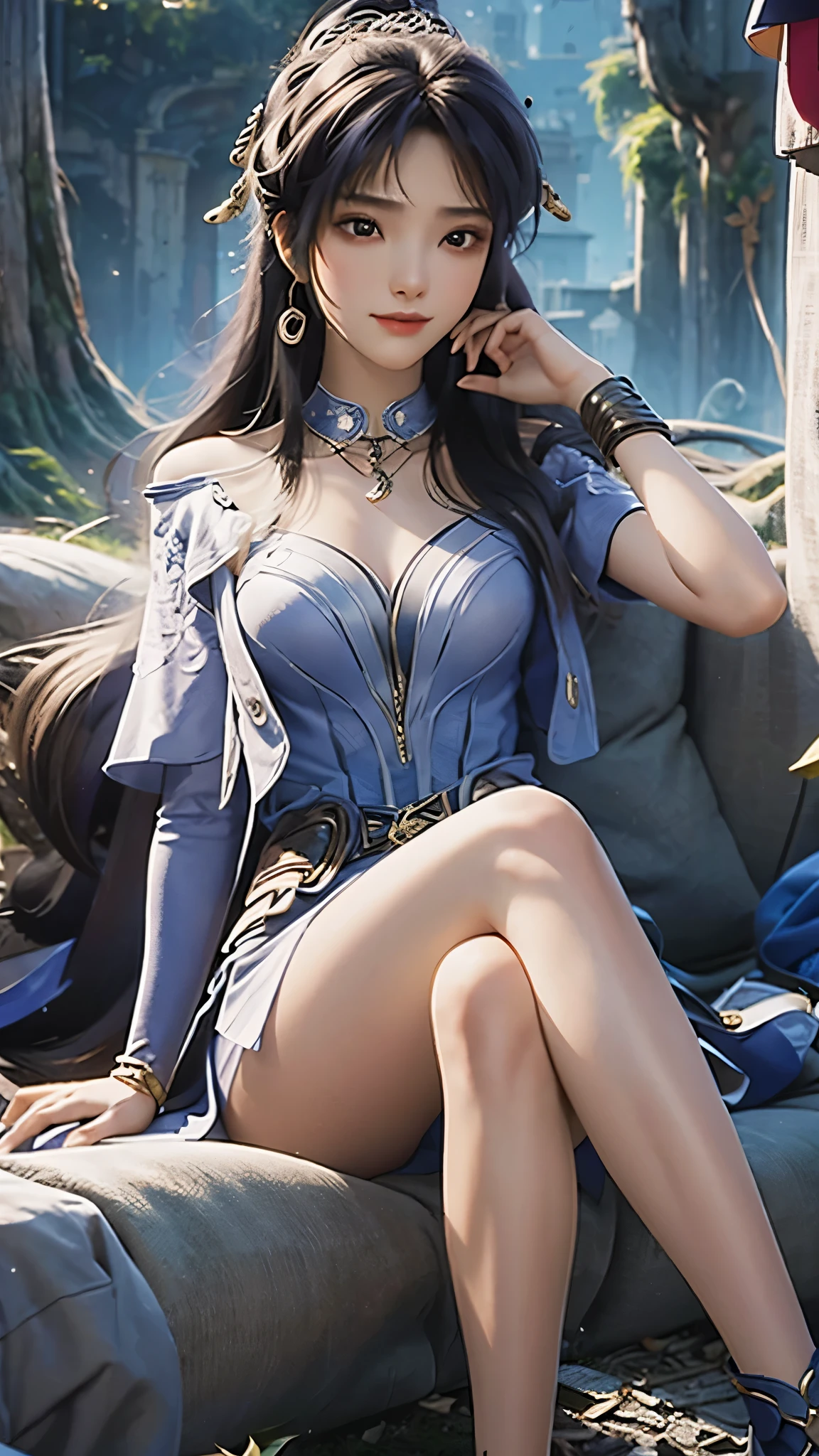 best quality, 1 Girl, Keda, Solitary,  Long hair,   skirt, Looking at the audience,  whole body, sitting,Cross your legs, Eye details, Face details, Body Details, Hair details, Skin details