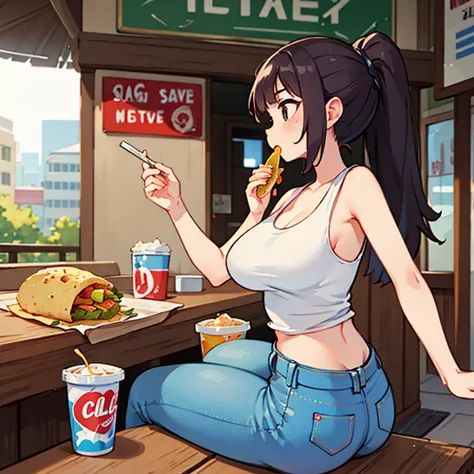 A woman in a tank top and slim jeans eating a taco at a taco shop　The cola is on the table　Large Breasts　Big Ass