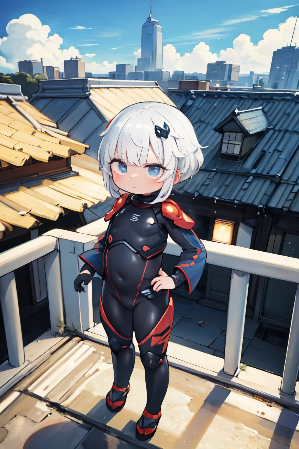 masterpiece，high quality，High resolution，8k，Attention to detail，Sleek design，Ultra-high-tech biotechnology combat suit，standing on a roof，Overlooking the city，Japanese special effects and American manga style，A suit with a biological texture worn by an evil organization&#39;s executive:1.3，Red Armor，Very short stature，Small ，cute，Large Breasts，Red School Bag，Bruises and gestures，Smooth and shiny，very dynamic，fast，Natural light，Very detailed, Ultra-fine painting, Very delicate，creativity，Natural light，Cinema Lighting，Best Shadow，masterpiece-anatomy-perfection，Red School Bag，