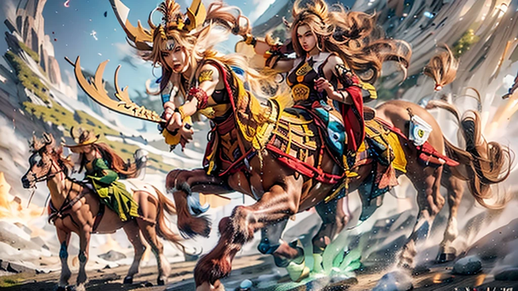 In the beautiful illustration of this super-grand scene，The ultra-distant lens shows us（More than eight distinctive Centaur characters：2.7），Their personality、Distinctive and vivid features。from（A radiant, angelic, snow-white centaur from heaven：1.1），arrive（Nightmare-like fiery red centaur surrounded by flames：1.1）、Arrive again（Green Centaur, the wind fairy dancing in the air：1.1）、Arrive again有（One-horned blue centaur surrounded by lightning：1.1），arrive（A mechanical-style mecha Centaur shining with metallic light：1.1）、Arrive again（A powerful dragon-shaped centaur wearing colorful dragon scale leather：1.1）、Arrive again（A slender elven centaur that is graceful and agile：1.1）Gracefully wears a flower crown、arrive（Enchanting and charming Tiflin centaurs：1.1）、Arrive again（A succubus centaur with an indescribably sexy feeling：1.1）。Each Centaur character fully demonstrates his unique style。The illustration uses advanced artistic techniques and tools，Use nesting、Weaving、Splicing、perspective、interlude、Montage and other artistic techniques，Divide the scene into sections by geometric arrangement，Each part corresponds to a role，from and more efficiently utilize space，Make eight centaurs exist in one picture at the same time，（The style tends to be grotesque，abstract，fantasy，Gothic，Cthulhu，indescribable：3.3）。Through Midjourney's advanced brush tools、Color palette、Material packs and model packs、Texture tools，For each centaur, beautiful props are designed to increase racial characteristics、Clothing and physical features，Enhances the character's personality and visual appeal，The scenery in the illustrations is stunning，There are changing skies、rainbow、Aurora、Stars and Moon。Incorporating iconic landmarks such as Mount Everest，and fireworks、Tranquil Lake、Natural and urban elements of waves and neon lights，Creates a magical atmosphere，Centaurs demonstrate their unique abilities and equipment in a variety of environments，This is true even in extreme alien landscapes。Use Midjourney's toolaterial packs、Texture tools、The color palette makes depicting details vivid and realistic，from complex hairstyles and different ethnic characteristics、Body、Appearance features、Clothing arrives with realistic textures，Greatly improved the realism of the Centaurs and their surroundings，The fusion of multiple art styles adds dynamism to the character&#39;s movement at all angles，The overall visual experience is further enriched。The final illustration was described as a "masterpiece"，It has the characteristics of "best quality" and "realistic"，The details put into the creative process are shown、Level of creativity and craftsmanship。 hdr，（Reality，Masterpiece quality，Best quality）
