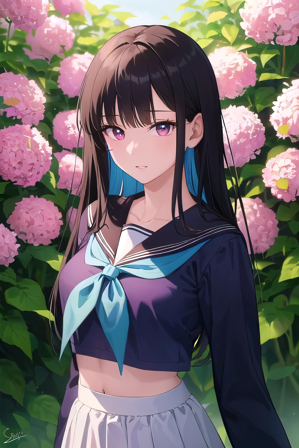 A girl in a garden, (best quality, highres, masterpiece:1.2), with ASNATSU, SERAFUKU, wearing a WHITE SKIRT and LONG SLEEVES. She is also wearing a NECKERCHIEF and has a BLACK SKIRT. Her eyes are beautiful and detailed, with long eyelashes. She has beautiful and detailed lips. The garden is filled with vibrant flowers and lush greenery. The lighting is soft and dreamy, casting a warm glow on the scene. The image should have ultra-detailed elements, capturing every minute detail. The style should be a mixture of portrait and concept artists, creating a unique and artistic atmosphere. The color tone should be fresh and bright, highlighting the beauty of the garden and the girl's outfit. midriff peek