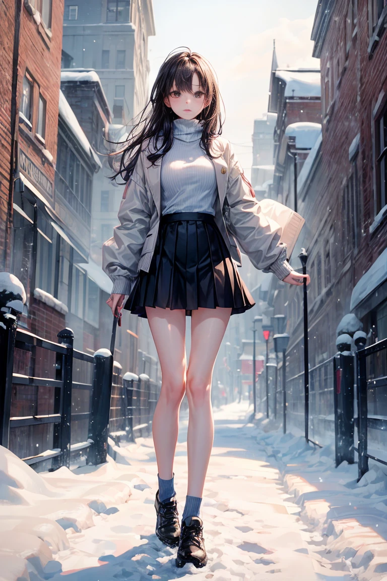 rustic，Heavy snow，Snow，a girl，Golden shawl long hair，Pure：1.5，slim，16 years old，Wearing a white turtleneck sweater，jacket，Black pleated skirt，Bare legs，White socks，Very thin，The legs are very thin，Thin legs，whole body