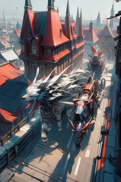 mechanical dog running on the roofs of houses