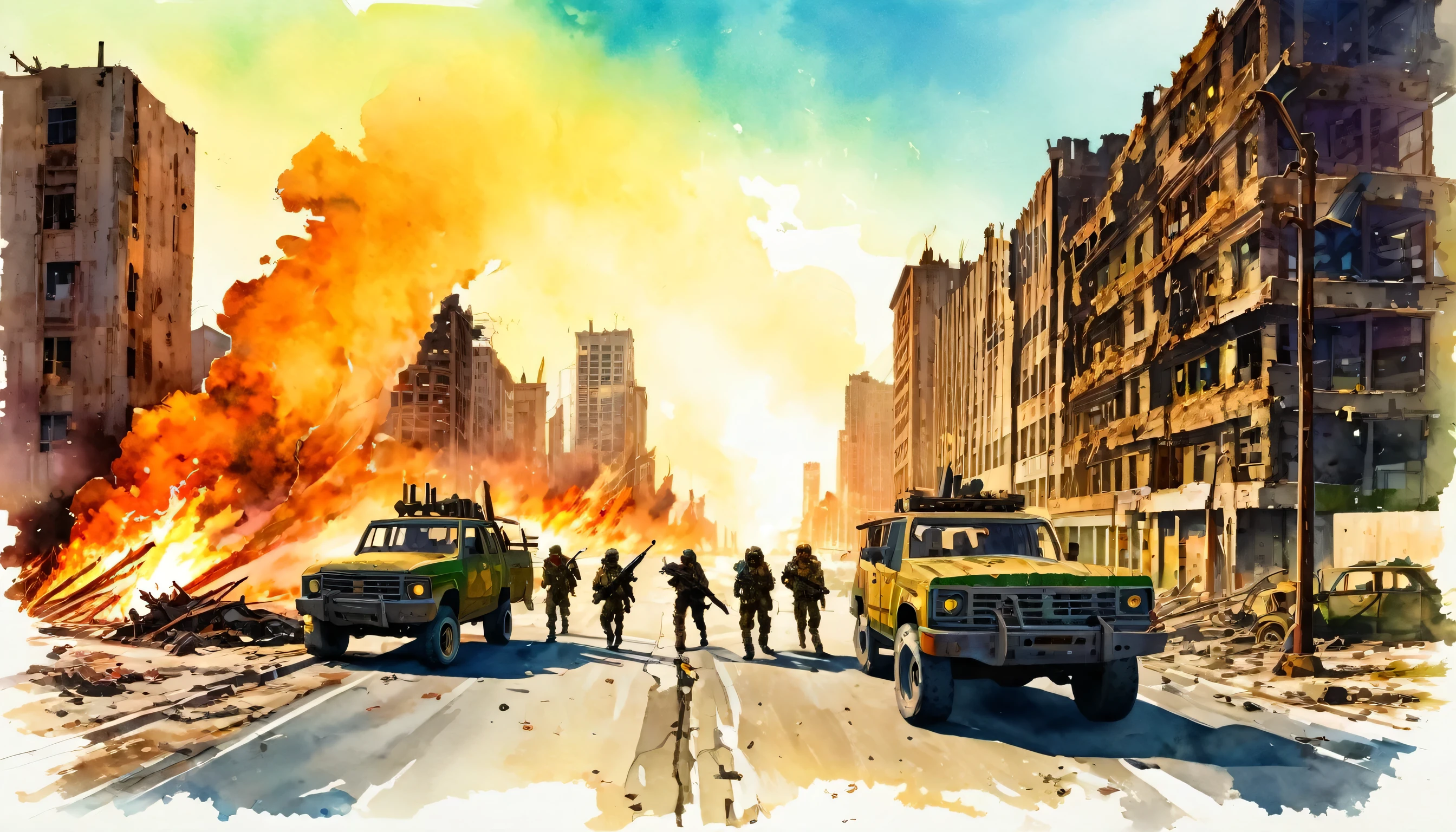 Post Apocalyptic scene, creepy, ruins, destruction, a group of people walking in a street with a fire in the background, sunset, a land vehicles, skyscrapers, city environment, motor_vehicle, ground_vehicle, cars, multiple_boys, lamppost, weapons, outdoors, buildings, guns, road, street, assault_rifle, modern art, painting, drawing, watercolor, psychedelic colors