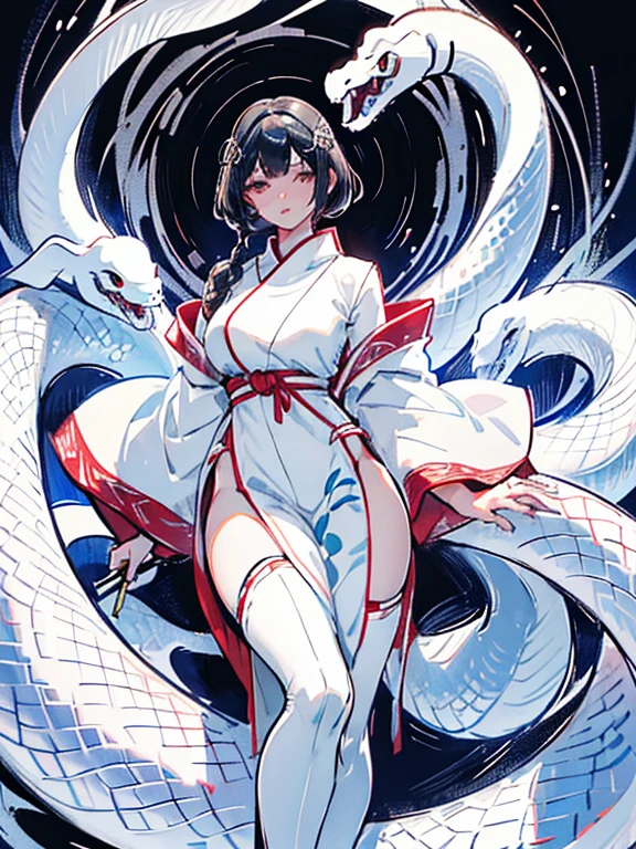 Woman, long, hibrid human and snake, Clear Skin, hair black. It has a somewhat sexy Japanese outfit, the bottom part has a long white Japanese dress, and the top part has a white sexual outfit. Appearing the whole body. Long has a large tail of a white snake, but it is cut and a large scar in the middle