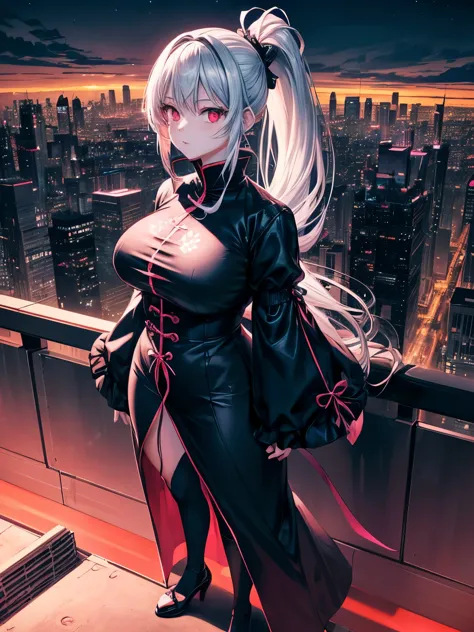 anime, (artwork, best quality, ultra-detailed, high contrast), 1 woman (Alone, full body, plus size body, standing on the edge o...