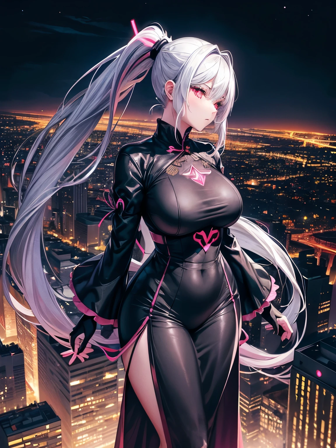 anime, (artwork, best quality, ultra-detailed, high contrast), 1 woman (Alone, full body, plus size body, standing on the edge of the skyscraper, silver hair, LONG In a ponytail, red eyes, perfect eyes ruby sparkles, (simple black qipao, black cybernetics with neon pink), transparent black socks), (skyscraper roof, overlooking a city, detailed background ((night time, Darkness, low light pollution)))