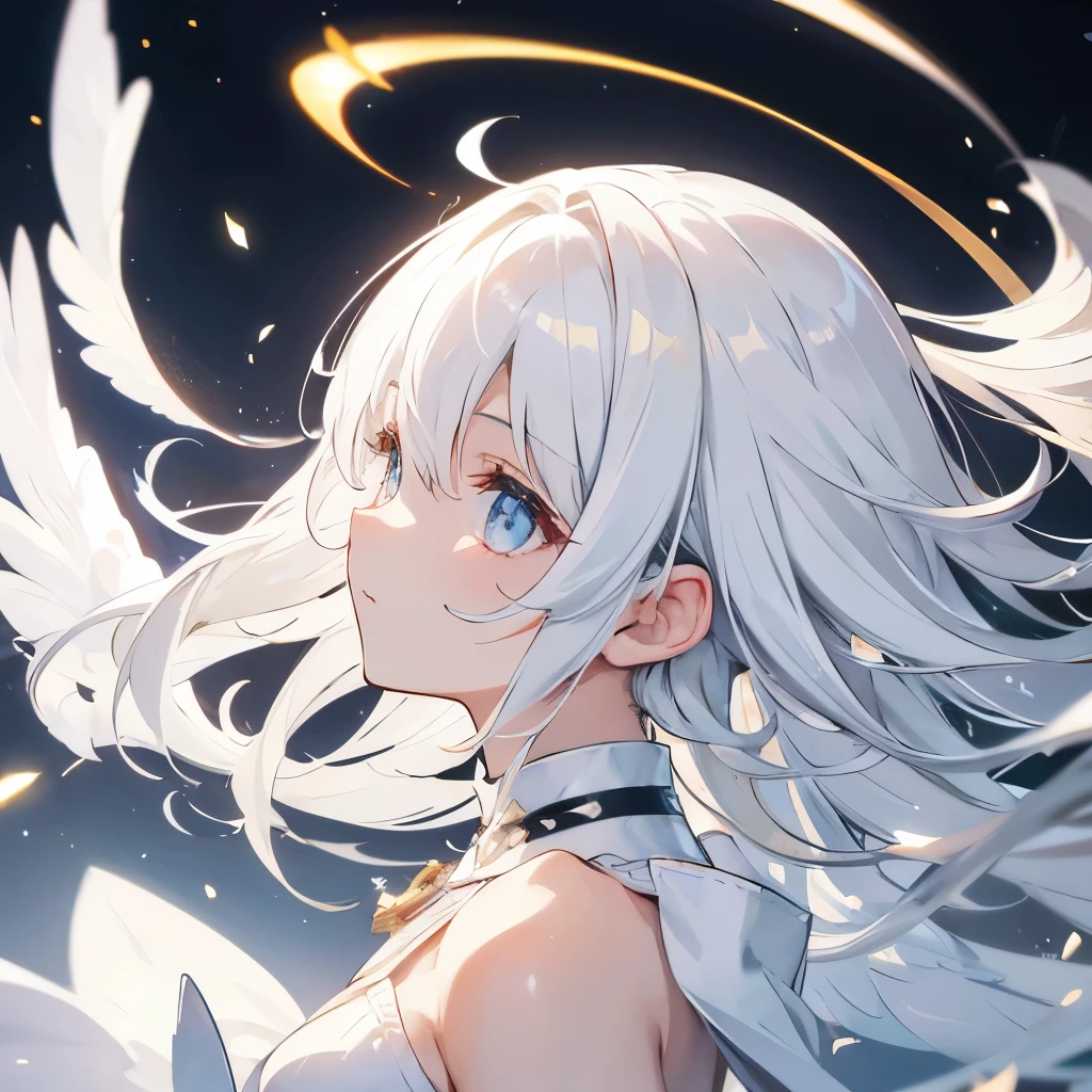 Angel White dress Fluffy white hair Profile Golden light Golden eyes Angel halo