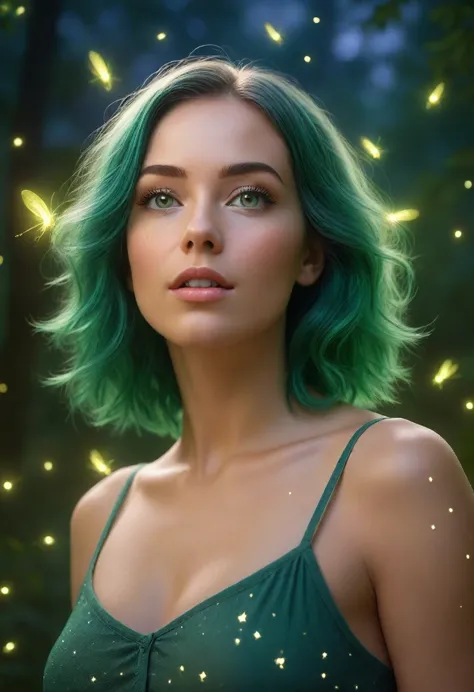 Generate a realistic digital image of a beautiful woman with green hair and emerald green eyes. The woman is looking up, surroun...