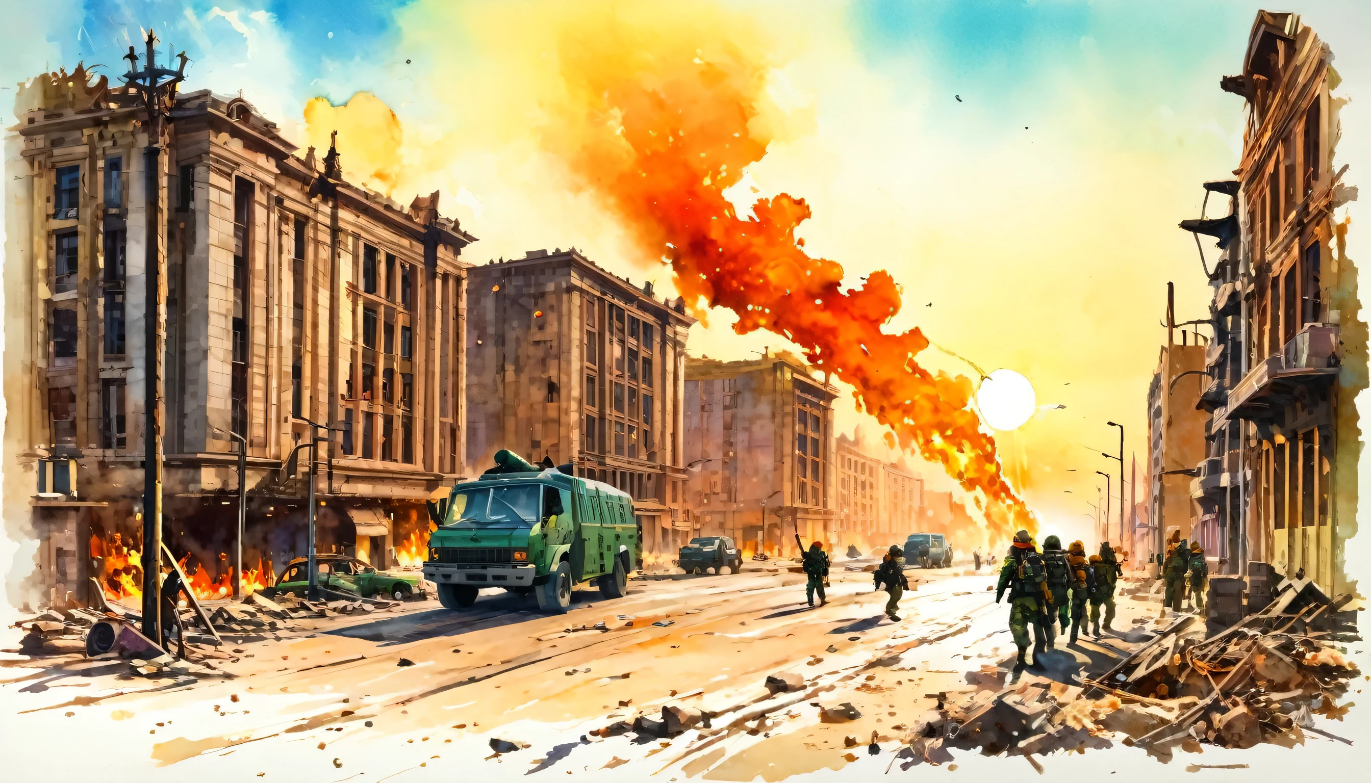 Post Apocalyptic scene, creepy, ruins, destruction, fire, bombs, a group of people walking in a street with a fire in the background, sunset, a land vehicles, skyscrapers, city environment, motor_vehicle, ground_vehicle, cars, multiple_boys, lamppost, weapons, outdoors, buildings, guns, road, street, assault_rifle, modern art, painting, drawing, watercolor, psychedelic colors