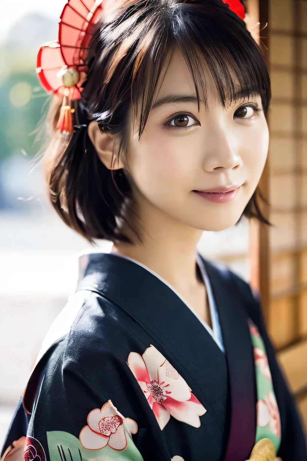 1 girl, (Wearing a red kimono:1.2), Very beautiful Japanese idol portraits, 
(RAW Photos, highest quality), (Realistic, Realistic:1.4), (masterpiece), 
Very delicate and beautiful, Very detailed, 2k wallpaper, wonderful, finely, Very detailed CG Unity 8K wallpaper, Very detailed, High resolution, Soft Light, 
Beautiful detailed girl, Very detailed目と顔, Beautiful and sophisticated nose, Finely beautiful eyes, Cinema Lighting, 
(Commemorative photo taken while sightseeing in Kyoto:1.3),
(Japanese hairstyle), (bangs),
Complete Anatomy, Slender body, Small breasts, smile