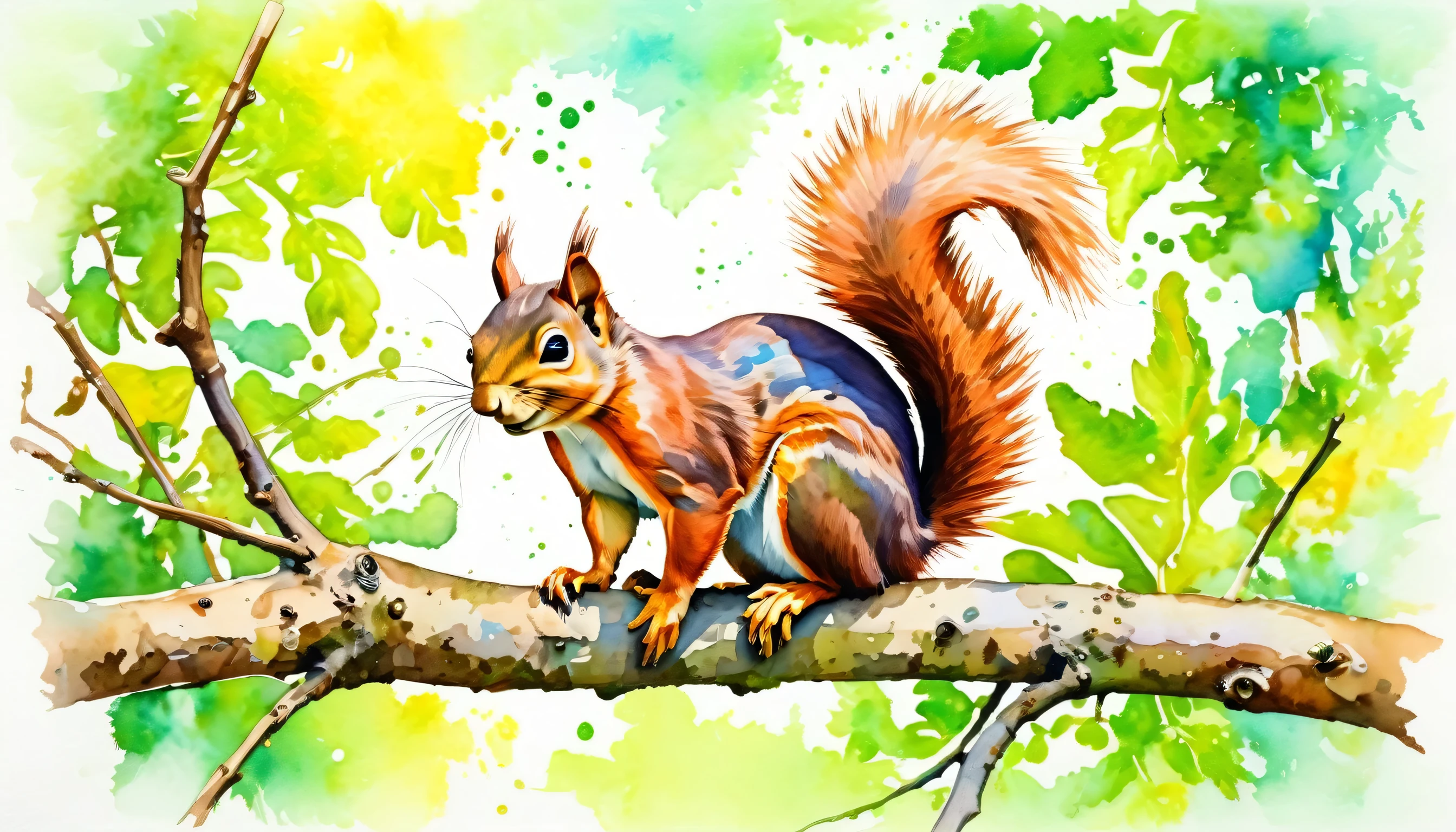a squirrel perched on a branch, funny, no_humans, animal, tree, outdoors, nature, branch, leaf, animal_focus, depth_of_field, forest, modern art, painting, drawing, watercolor, psychedelic colors