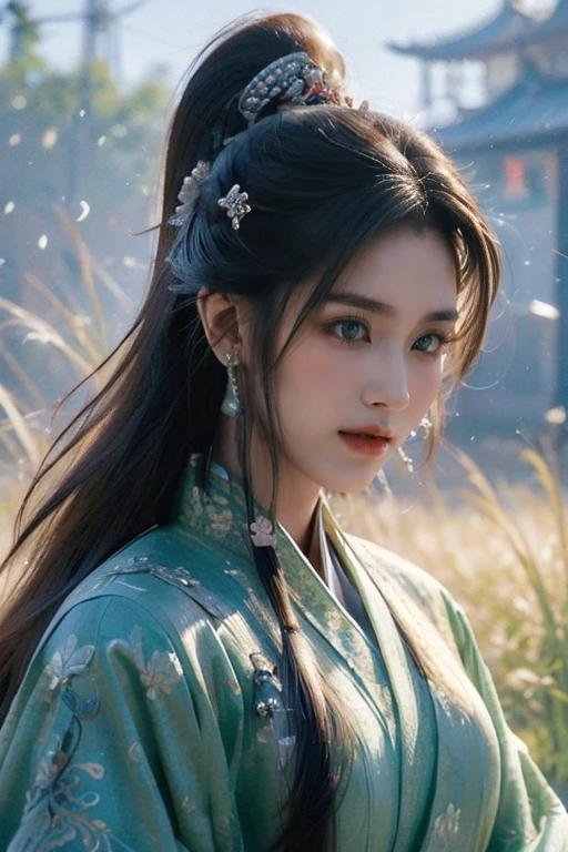 Game art，The best picture quality，Highest resolution，8K，(A bust photograph)，(Portrait from bust:1.5)，(Head close-up)，(Rule of thirds)，Unreal Engine 5 rendering works， (The Girl of the Future)，(Female Warrior)， 
20-year-old girl，(A noble queen in Han costume)，(Short ponytail hairstyle)，An eye rich in detail，(Big breasts)，Elegant and noble，indifferent，(Smile)，
(The costume of Chinese swordsman elements，Costumes of ancient Chinese characters，A random pattern of clothing，Ribbon，Joint Armor，Rich dress details)，(Chinese Hanfu:1.3)，(Crown)，figure，Fantasy style，
Photo poses，Field background，Movie lights，Ray tracing，Game CG，((3D Unreal Engine))，oc rendering reflection pattern